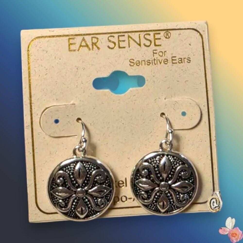 Ear Sense Round Fleur-de-Lis Textured Dangle Earrings  Silver Nickel-Free 201
